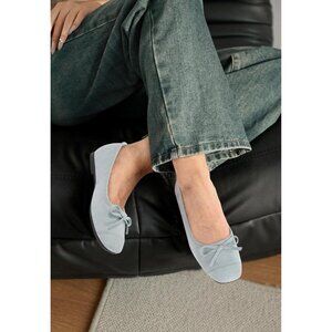 Women's Light Blue Faux Suede Square Toe Slip On Cap Toe Bow Dressy Flat Shoes
